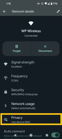 Screenshot of Wi-Fi menu after clicking on WP Wireless, using a Google Pixel 8 Pro, running Android 14