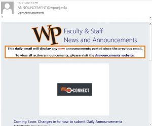 A typical daily announcement email