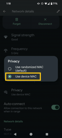 Screenshot after clicking "Privacy" within the WP Wireless Wi-Fi settings, using a Google Pixel 8 Pro, running Android 14
